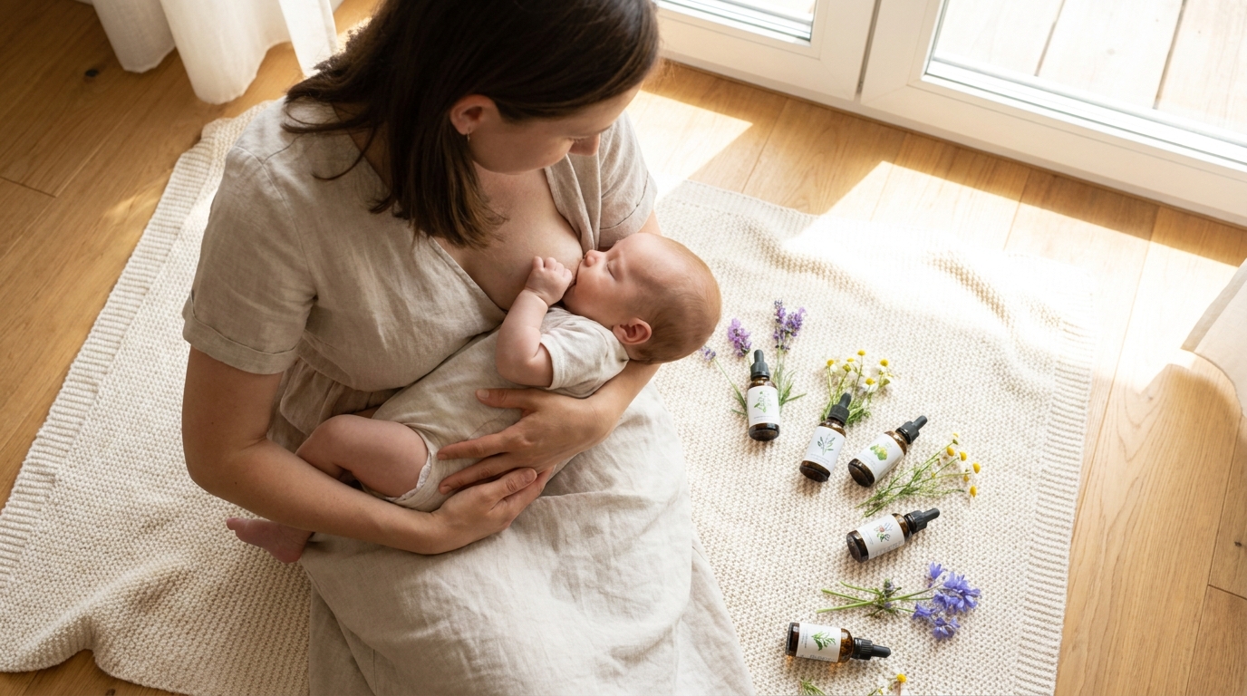Maman sereine allaitant avec fleurs de Bach pour accompagnement émotionnel