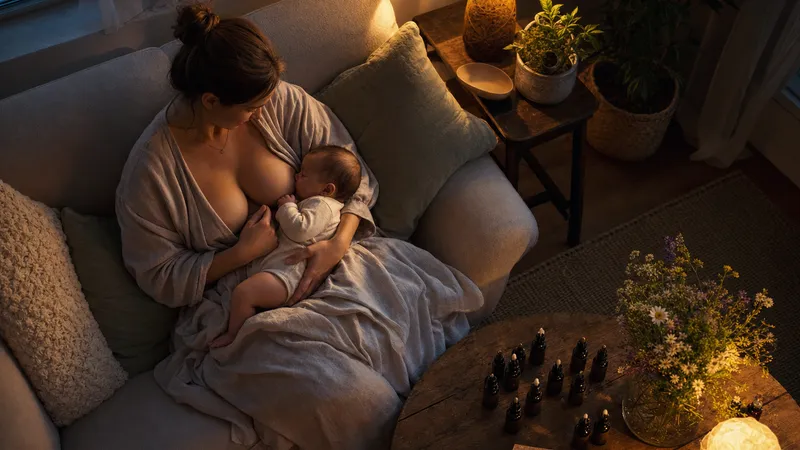 Jeune maman confiante utilisant fleurs de Bach pendant allaitement